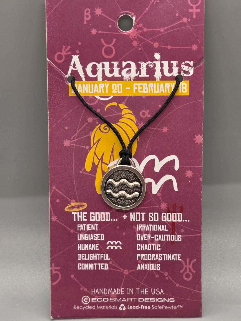 Eco Smart Designs - AQUARIUS - Astrological - Hand Made Lead Free Pewter Pendant